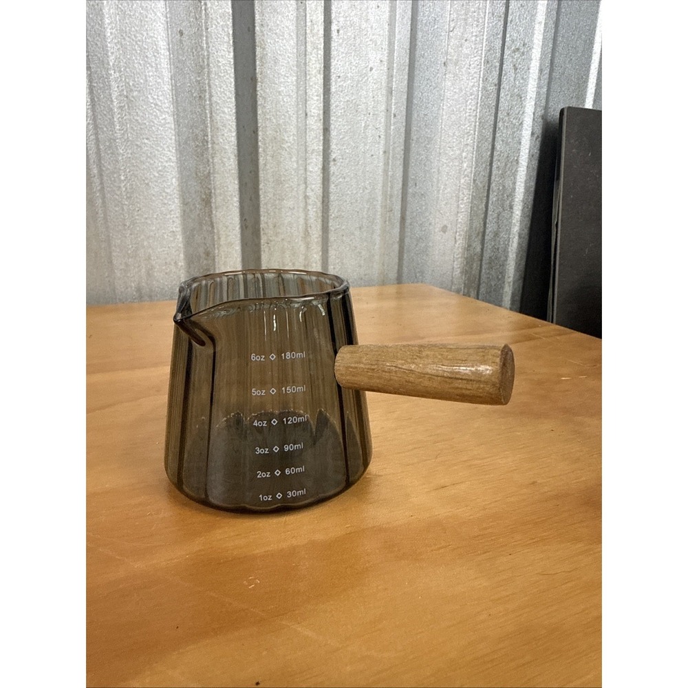 Glass Measuring Cup, 6Oz Creamer Pitcher with Wood Handle, Espresso